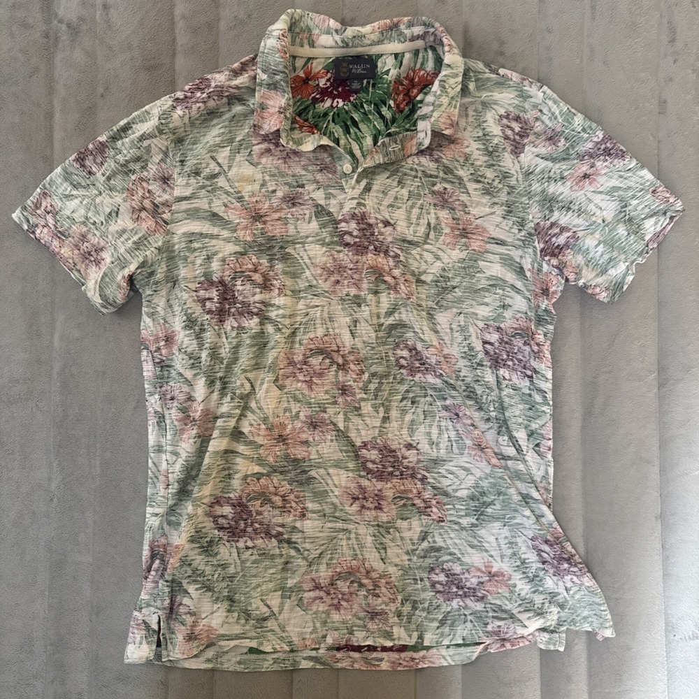 Wallin & Bros Men's Polo Shirt XL Floral Tropical Print‎ Textured Casual S/S